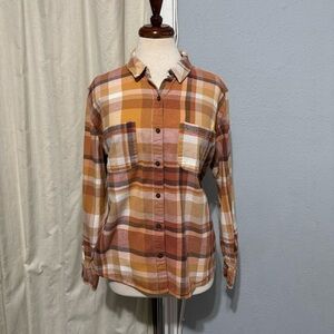 Universal Thread‎ Women Brown Plaid Button-Up Collared Long Sleeve Shirt Size L